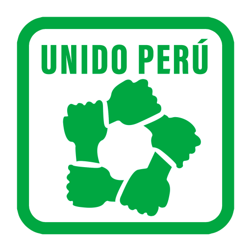 Logo del partido político Unido Perú, gráfica de cinco manos unidas formando un círculo, simbolizando la unidad, con el texto 'UNIDO PERÚ' arriba, color verde